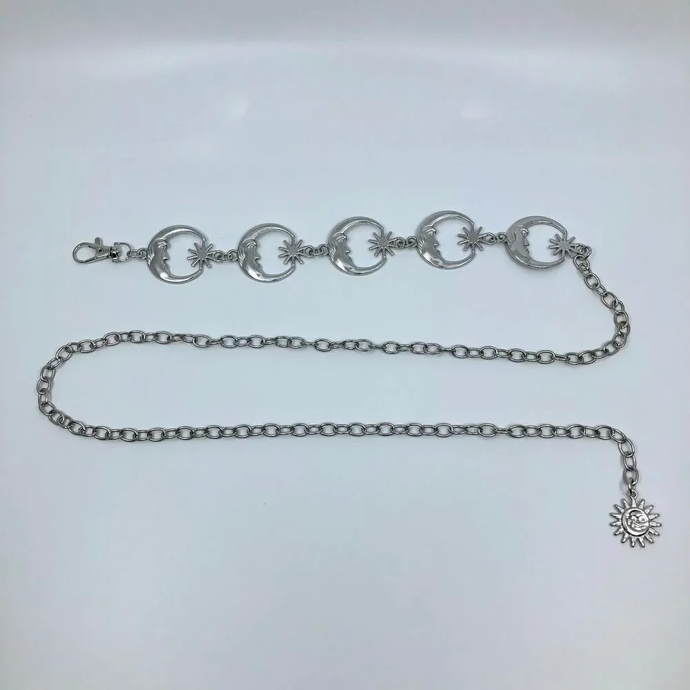 Vintage Y2K Celestial Silver Moon Star Chain Belt, Fits 12–41 Inches, X7GA1234